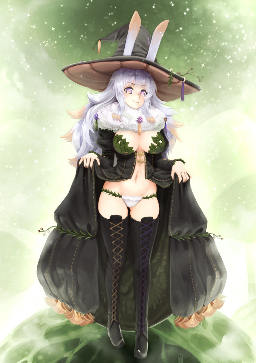 :3 barbariank black_dress blonde_hair boots breasts center_opening cross-laced_footwear dress dress_lift full_body gradient_hair groin hat highres juliet_sleeves large_breasts long_dress long_hair long_sleeves looking_at_viewer luminous_arc luminous_arc_infinity multicolored_hair navel panties puffy_sleeves purple_eyes silver_hair solo tassel thigh_boots thighhighs triangle-shaped_pupils two-tone_hair underwear v-shaped_eyebrows violet_(luminous_arc) wavy_hair witch_hat