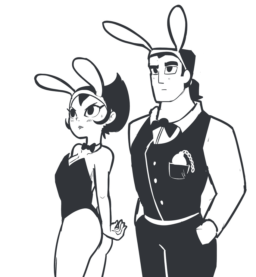 1boy 1girl ashi_(samurai_jack) bangs blush bunny_ears bunnysuit cowboy_shot detached_collar fake_animal_ears lipstick monochrome samurai_jack samurai_jack_(character) short_hair simple_background standing strapless_leotard tagme white_background