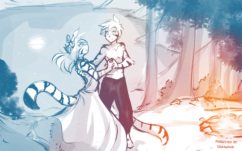 2017 alternate_species anthro clothed clothing dancing dress duo feline female fire flora_(twokinds) forest fur furrification hair keidran long_hair male mammal moonlight restricted_palette romantic_couple smile striped_fur stripes tiger tiger_trace tom_fischbach topless trace_legacy tree twokinds webcomic