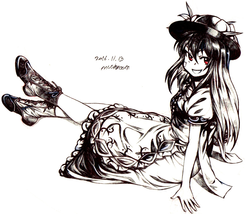 bandaid bandaid_on_face boots commentary cross-laced_footwear dated food fruit greyscale hat highres hinanawi_tenshi lace-up_boots long_hair looking_at_viewer looking_back monochrome mushroom_(osh320) peach red_eyes short_sleeves signature sitting solo touhou