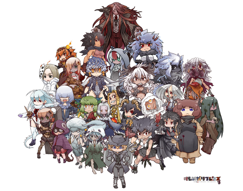 abhorrent_beast amygdala animal_ears apron backpack bag bangs beast-possessed_soul blonde_hair blood blood-starved_beast bloodborne bloodletting_beast bloodlicker bloody_clothes brainsucker carrion_crow celestial_child celestial_emissary claws cleric_beast commentary_request cramped_casket crawler_(bloodborne) dark_skin darkbeast_paarl dress ebrietas_daughter_of_the_cosmos fangs fluorescent_flower_(bloodborne) freckles garden_of_eyes gas_mask gel_(bloodborne) gun hammer hat head_tilt head_wings highres hole_digger_(bloodborne) horns hunter_(bloodborne) kemono_friends looking_at_viewer loran_cleric loran_darkbeast loran_silverbeast lost_child_of_antiquity maneater_boar monster_girl moon_presence multiple_girls parody personification polearm robe rom_the_vacuous_spider scourge_beast shorts skirt skull spear tail the_one_reborn watchdog_of_the_old_lords weapon yagi_mutsuki