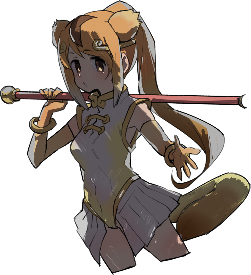 :o absurdres animal_ears armpit_peek bare_shoulders blonde_hair blush bracelet breasts brown_eyes brown_hair circlet covered_navel cowboy_shot cropped_legs dappled_sunlight day elbow_gloves eyebrows eyebrows_visible_through_hair eyelashes fingernails gloves golden_snub-nosed_monkey_(kemono_friends) gradient_hair high_ponytail highres holding holding_staff holding_weapon jewelry jpeg_artifacts kemono_friends leotard long_hair looking_at_viewer medium_breasts monkey_ears monkey_tail multicolored_hair open_hand open_mouth orange_gloves orange_hair pleated_skirt ponytail ritsu_(roboroboro) simple_background skirt sleeveless solo staff sunlight tail tareme very_long_hair weapon white_background white_hair white_skirt