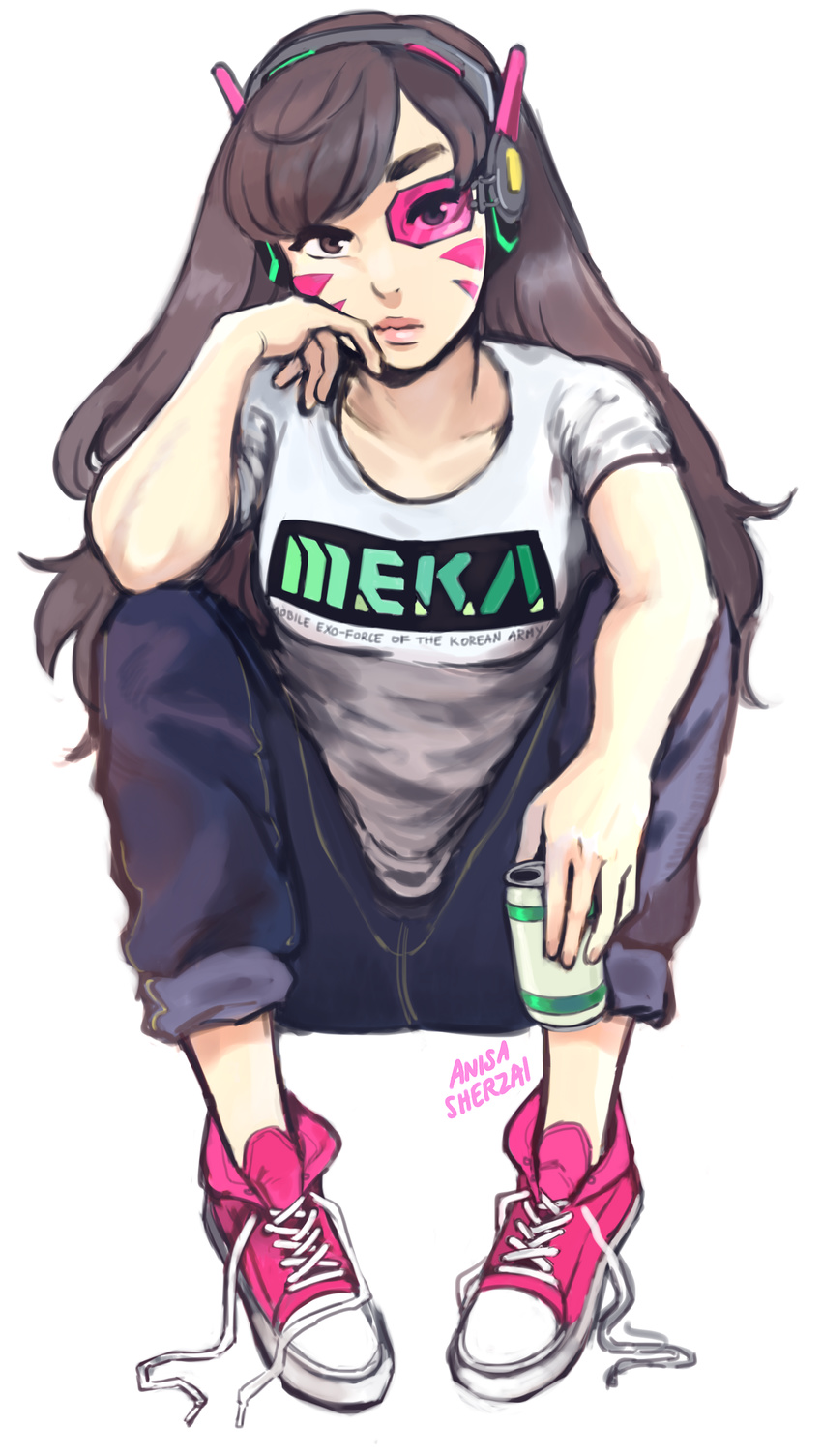 absurdres acronym artist_name brown_eyes brown_hair can casual closed_mouth clothes_writing collarbone cross-laced_footwear d.va_(overwatch) facepaint facial_mark full_body hand_on_own_face hand_up head_rest headphones highres holding holding_can lips long_hair looking_at_viewer overwatch pants pink_lips raito1 shirt shoes short_sleeves simple_background sitting solo untied_shoes whisker_markings white_background white_shirt