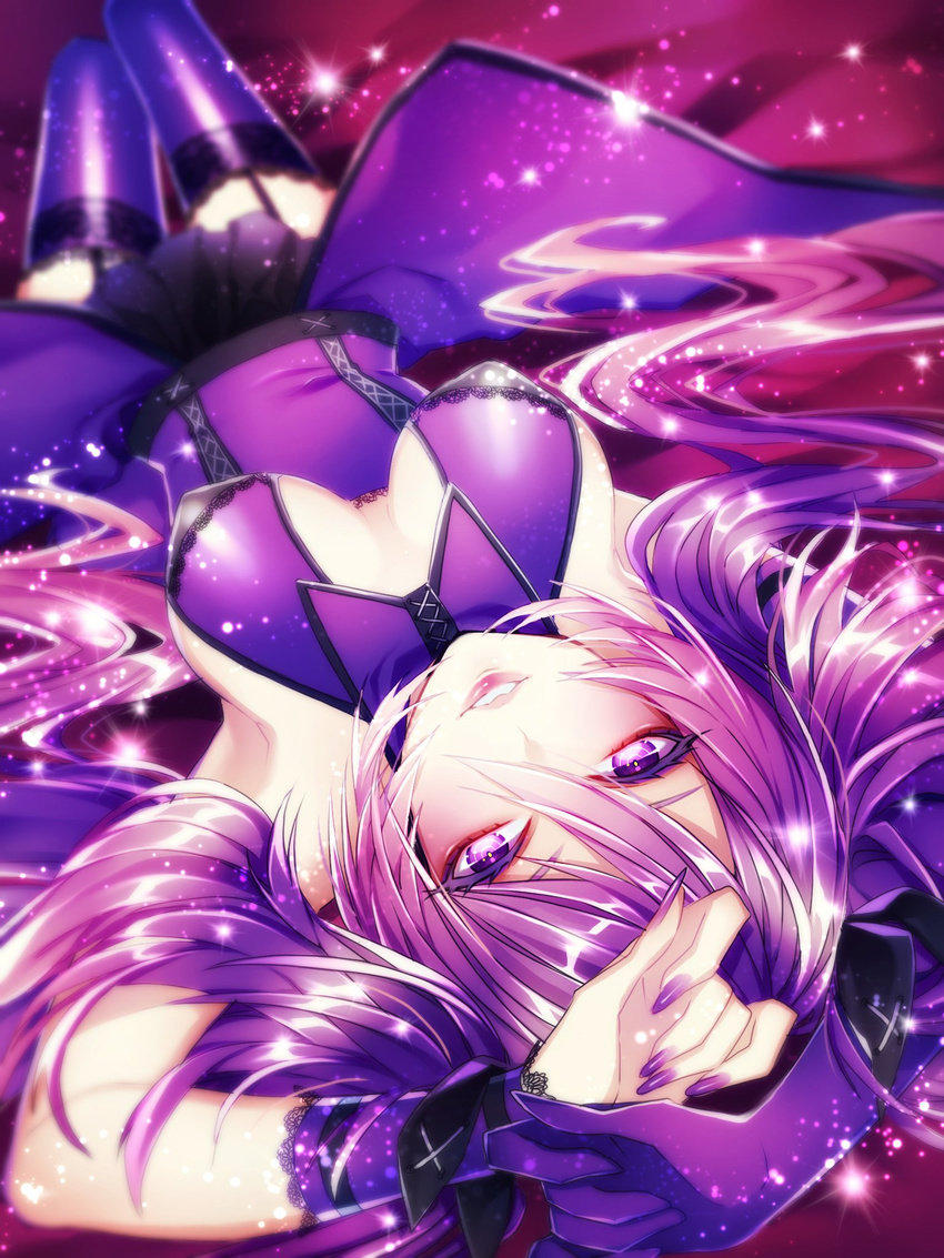 1girl armpits arms_up bare_shoulders bed_sheet black_ribbon black_skirt blurry blush breasts breasts_apart bright_pupils cleavage_cutout covered_nipples depth_of_field dress dutch_angle eh?_ah_sou_(vocaloid) elbow_gloves eyebrows fingernails garter_straps gloves gradient_hair hair_between_eyes hair_ribbon hand_on_head hatsune_miku head_bump highres lace lace_trim large_breasts lips long_fingernails long_hair looking_at_viewer lying multicolored_hair nail_polish on_back pink_background pink_lips project_diva_(series) project_diva_f purple_dress purple_eyes purple_gloves purple_hair purple_legwear purple_nails ribbon ringed_eyes seductive_smile shiny shiny_clothes shiny_hair single_elbow_glove single_glove skirt sleeveless smile sparkle thighhighs twintails upside-down very_long_hair vocaloid waist_cape wristband zettai_ryouiki