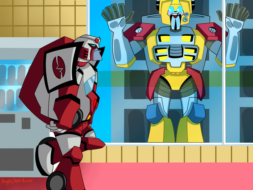 alien ambiguous_gender angelicneonanime autobot blue_eyes blush building cybertronian digital_media_(artwork) duo frown hi_res house humanoid humor inside living_machine machine nickelodeon not_furry open_mouth outside ratchet_(transformer) robot smile spongebob_squarepants standing transformers transformers_animated wreck-gar