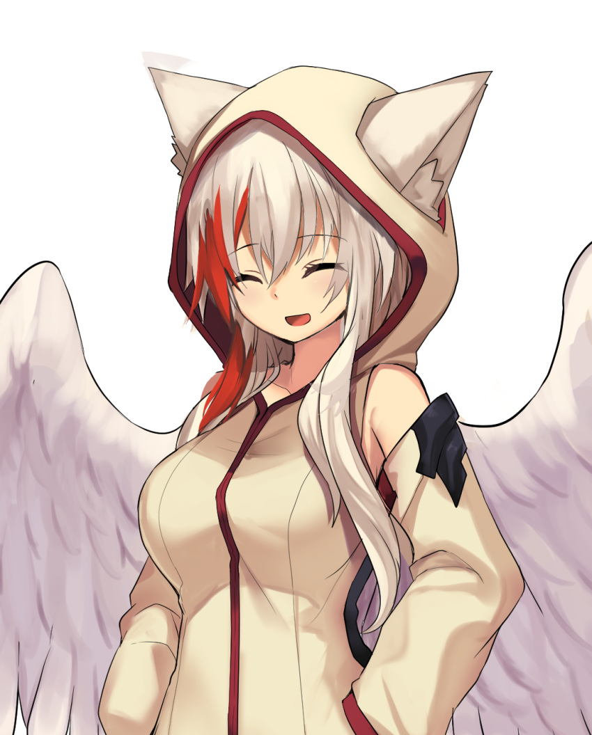 1girl :d animal_ears blonde_hair detached_sleeves ears_through_headwear eyebrows_visible_through_hair eyes_closed facing_viewer feathered_wings fox_ears grey_hoodie haik hands_in_pockets highres hood hood_up hoodie long_hair long_sleeves multicolored_hair open_mouth original sleeveless sleeveless_hoodie smile solo streaked_hair upper_body white_wings wings