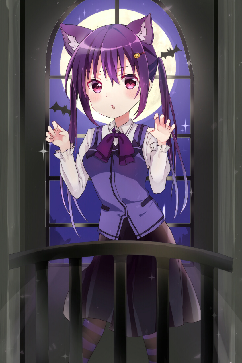 1girl :o animal_ears bat black_skirt eyebrows_visible_through_hair food_themed_hair_ornament full_moon gochuumon_wa_usagi_desu_ka? hair_between_eyes hair_ornament halloween highres long_hair long_sleeves looking_at_viewer medium_skirt moon pantyhose pumpkin_hair_ornament purple_hair purple_neckwear red_eyes shiny shiny_hair shirt shuwalight skirt solo standing striped striped_legwear tedeza_rize twintails white_shirt window wolf_ears