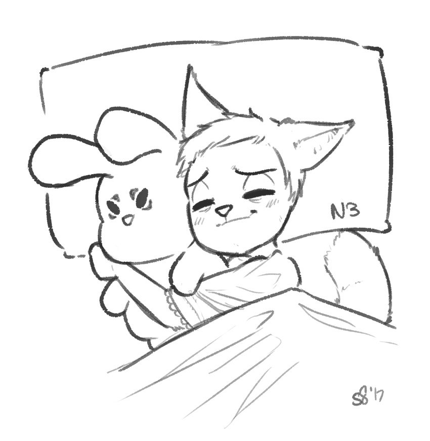 2017 alec8ter anthro bed bedding black_and_white blanket blush cassidy_(alec8ter) cat clothed clothing cuddling expression_meme eyes_closed feline inner_ear_fluff lying male mammal monochrome on_bed on_side plushie signature simple_background sleeping solo under_covers white_background