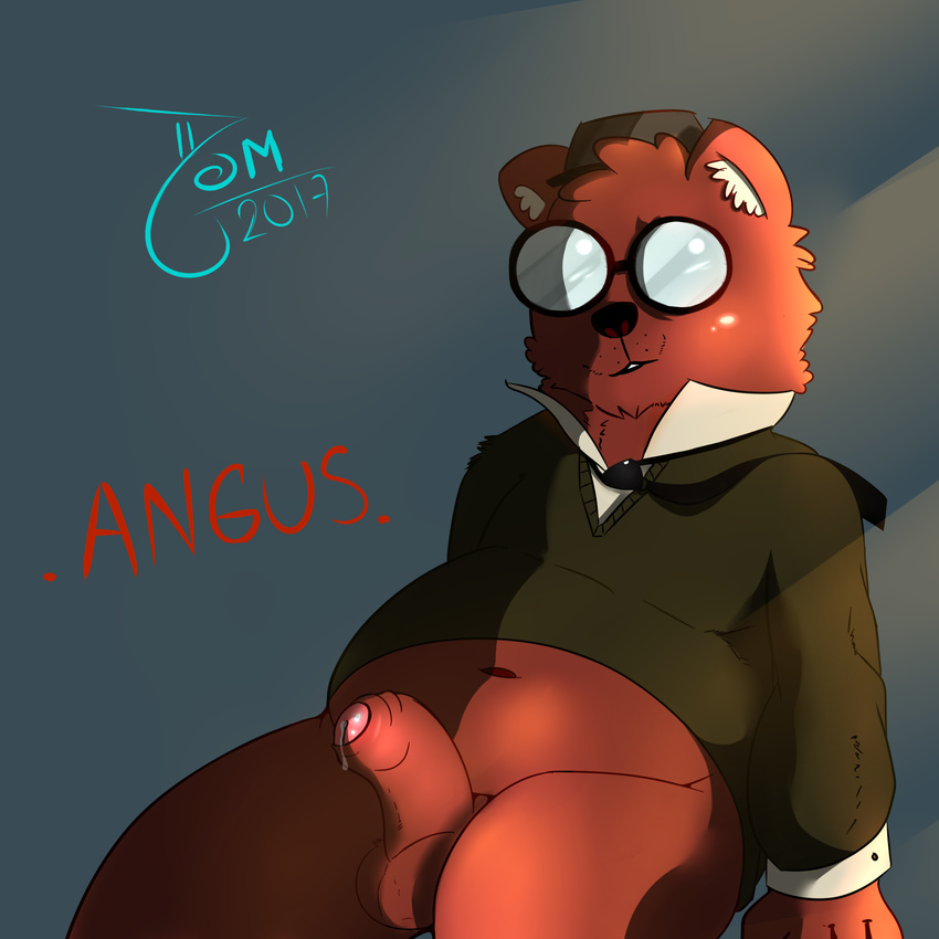 2017 angus angus_(nitw) anthro balls bear blush clothed clothing cum digital_media_(artwork) erection eyewear fur glasses gregg_(nitw) hair hat horn humanoid_penis looking_at_viewer male male/male mammal night_in_the_woods nude penis sex simple_background smile solo text video_games