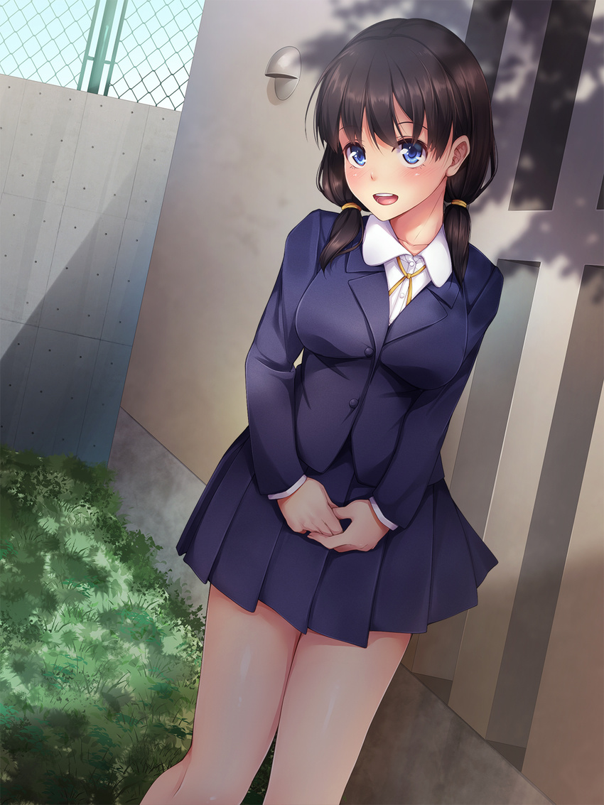 :d bangs blue_eyes blue_jacket blue_skirt breasts brown_hair chain-link_fence collarbone collared_shirt dappled_sunlight day fence grass hair_ornament hair_tie hands_together highres jacket jirou large_breasts legs_together long_hair long_sleeves looking_at_viewer low_twintails miniskirt neck_ribbon open_mouth original outdoors ribbon school_uniform shade shirt short_hair skirt smile solo standing sunlight tree_shade twintails upper_teeth white_shirt yellow_ribbon