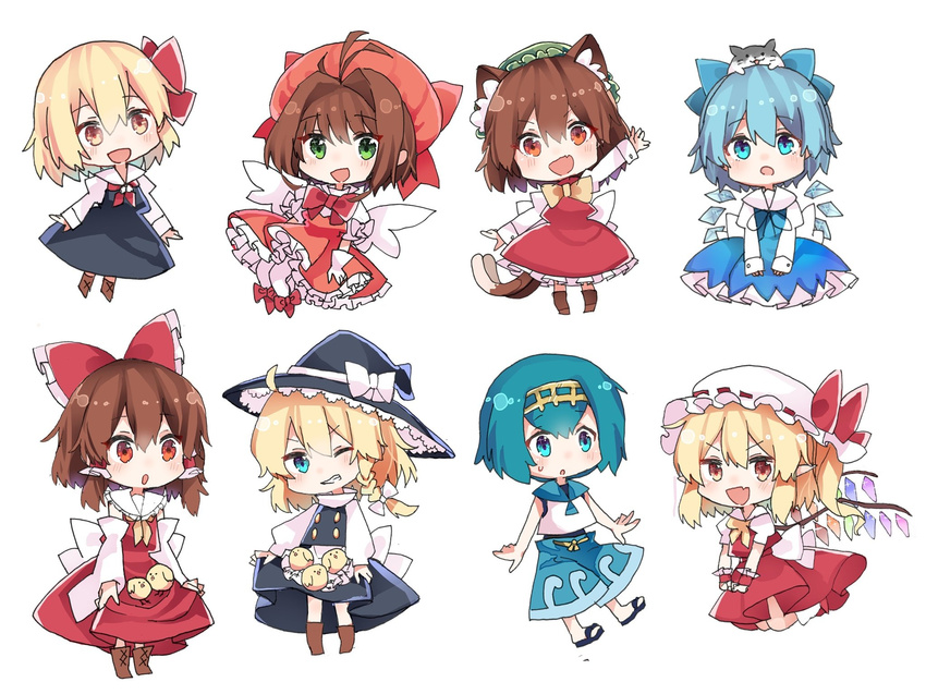 :d :o ahoge angel_wings animal animal_ears animal_on_head antenna_hair bird blonde_hair blue_eyes blue_hair blush boots bow bowtie brown_hair cardcaptor_sakura cat cat_ears cat_on_head cat_tail chen chibi chick cirno coda_(ankoprpr3700) commentary dress fang flandre_scarlet gloves green_eyes grin hair_bow hair_intakes hair_ribbon hair_tubes hakurei_reimu hat highres ice ice_wings kinomoto_sakura kirisame_marisa looking_at_viewer magical_girl mob_cap multiple_girls multiple_tails on_head one_eye_closed open_mouth pokemon pokemon_(game) pokemon_sm red_eyes ribbon rumia salute sandals short_hair skirt_basket smile suiren_(pokemon) sweat tail touhou two_tails v-shaped_eyebrows vulcan_salute waving white_gloves wings witch_hat