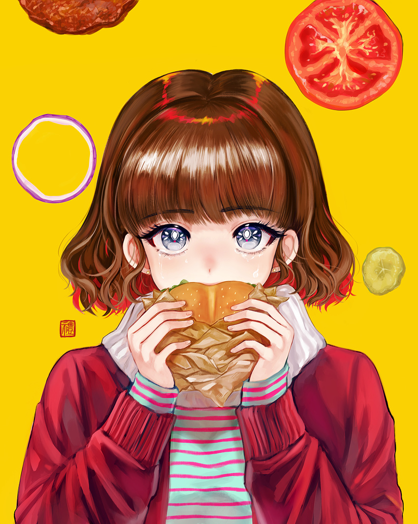 blue_eyes brown_hair eating food food_wrapper hamburger highres jacket looking_at_viewer multicolored_shirt original pagaraga red_jacket shirt short_hair signature solo striped striped_shirt tomato upper_body yellow_background