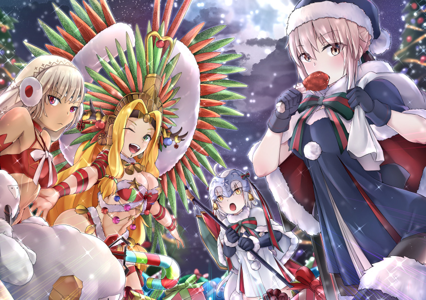 207loz 4girls :d :o absurdres ahoge altera_(fate) altera_the_santa artoria_pendragon_(all) bell bikini black_dress black_santa_costume blonde_hair box breasts candy candy_cane capelet christmas christmas_tree cleavage commentary_request dark_skin dress elbow_gloves facial_mark fate/grand_order fate_(series) food frown fur-trimmed_capelet fur_trim gift gift_box gloves green_eyes hat headdress headpiece highres huge_filesize jeanne_d'arc_(fate)_(all) jeanne_d'arc_alter_santa_lily large_breasts long_hair looking_at_viewer multiple_girls night one_eye_closed open_mouth pale_skin quetzalcoatl_(samba_santa)_(fate) red_bikini red_eyes santa_alter santa_costume santa_hat short_hair silver_hair smile snow star swimsuit very_long_hair yellow_eyes