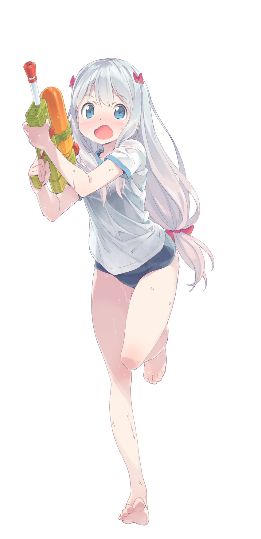 bare_legs barefoot blue_eyes blush bow breasts eromanga_sensei full_body gym_shirt hair_bow highres izumi_sagiri kanzaki_hiro leaning_forward long_hair looking_at_viewer low-tied_long_hair official_art old_school_swimsuit one-piece_swimsuit open_clothes open_shirt school_swimsuit see-through shirt sidelocks silver_hair small_breasts solo standing standing_on_one_leg swimsuit swimsuit_under_clothes transparent_background water_gun wavy_mouth wet wet_clothes wet_shirt