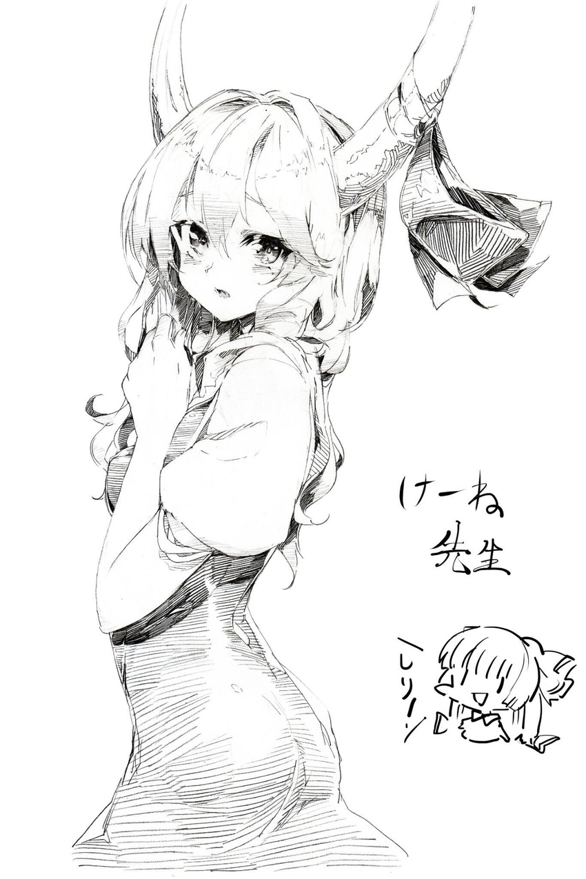 ass blush bow chibi chibi_inset colored_pencil_(medium) dress ex-keine face from_side fujiwara_no_mokou greyscale hair_bow hair_ornament hair_ribbon highres horn_ribbon horns kamishirasawa_keine long_hair looking_at_viewer looking_to_the_side monochrome multiple_girls open_mouth oshake puffy_sleeves ribbon short_sleeves simple_background smile text_focus touhou traditional_media translated white_background