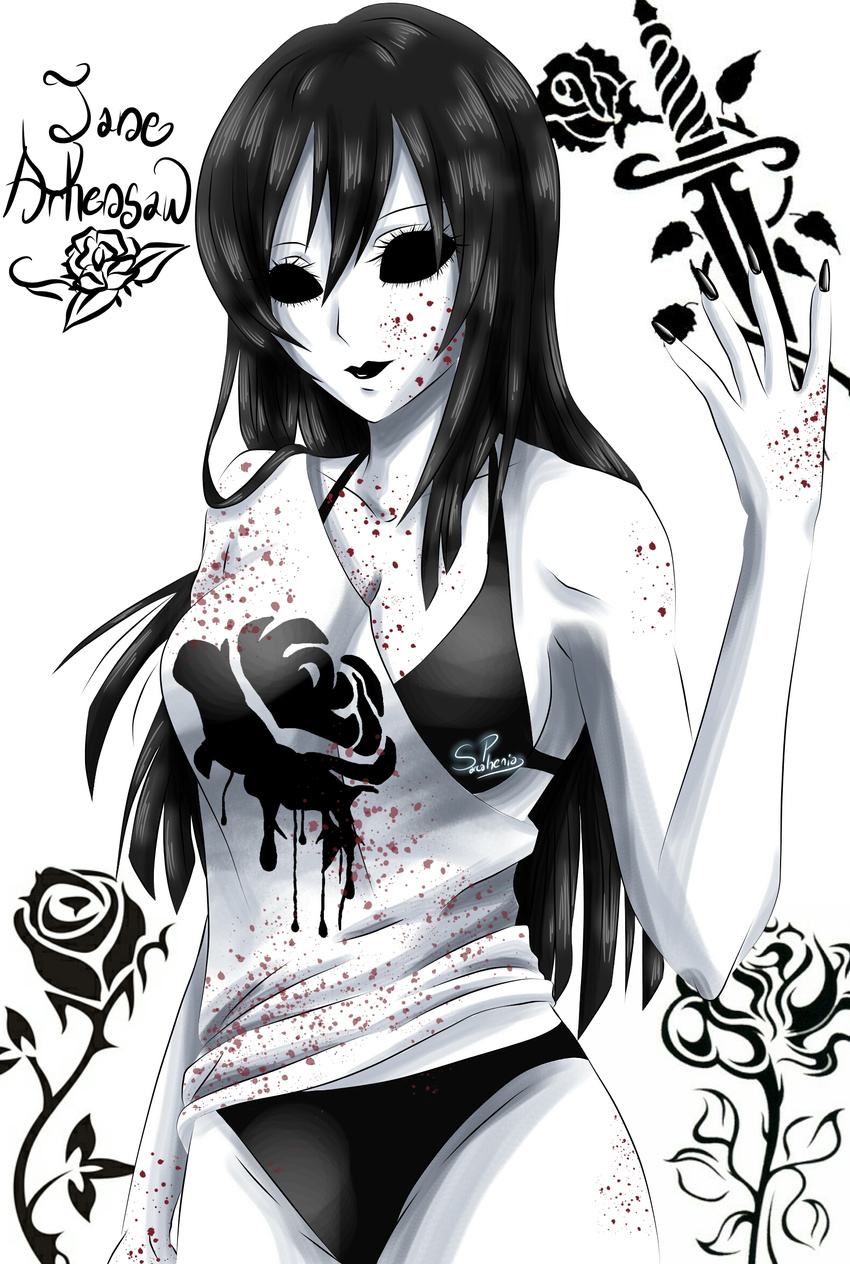 1girl black_eyes black_hair black_lips breasts creepypasta jane_the_killer long_hair medium_breasts shirt solo underwear