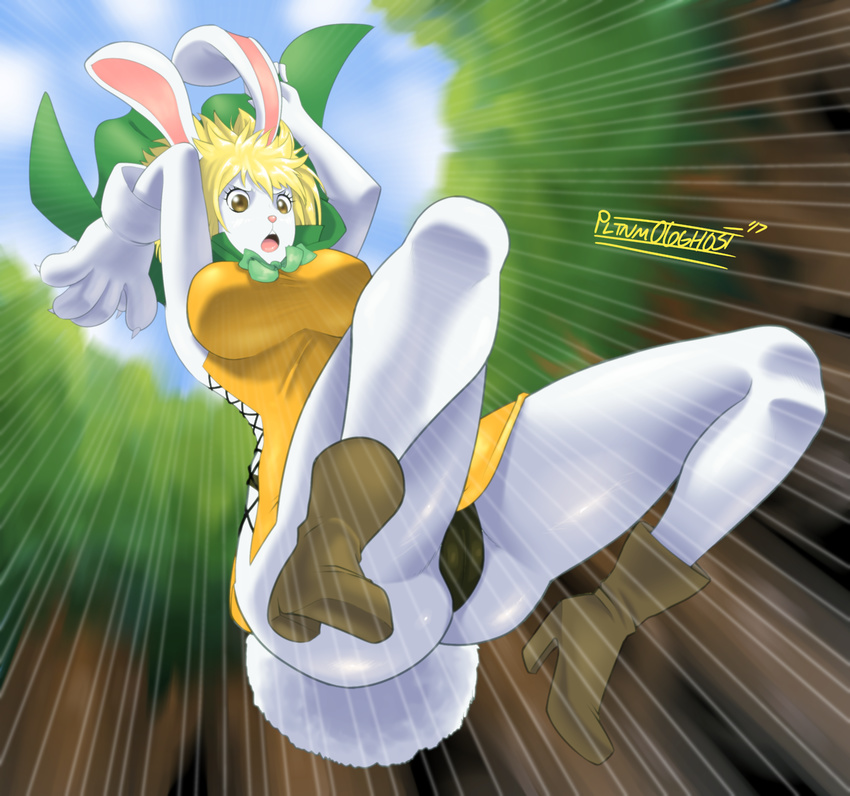 2017 amber_eyes anthro big_breasts blonde_hair boots breasts butt cape carrot_(one_piece) clothing eyelashes female footwear fur hair lagomorph low-angle_view mammal minkmen_(one_piece) motion_lines open_mouth pltnm06ghost rabbit signature solo white_fur