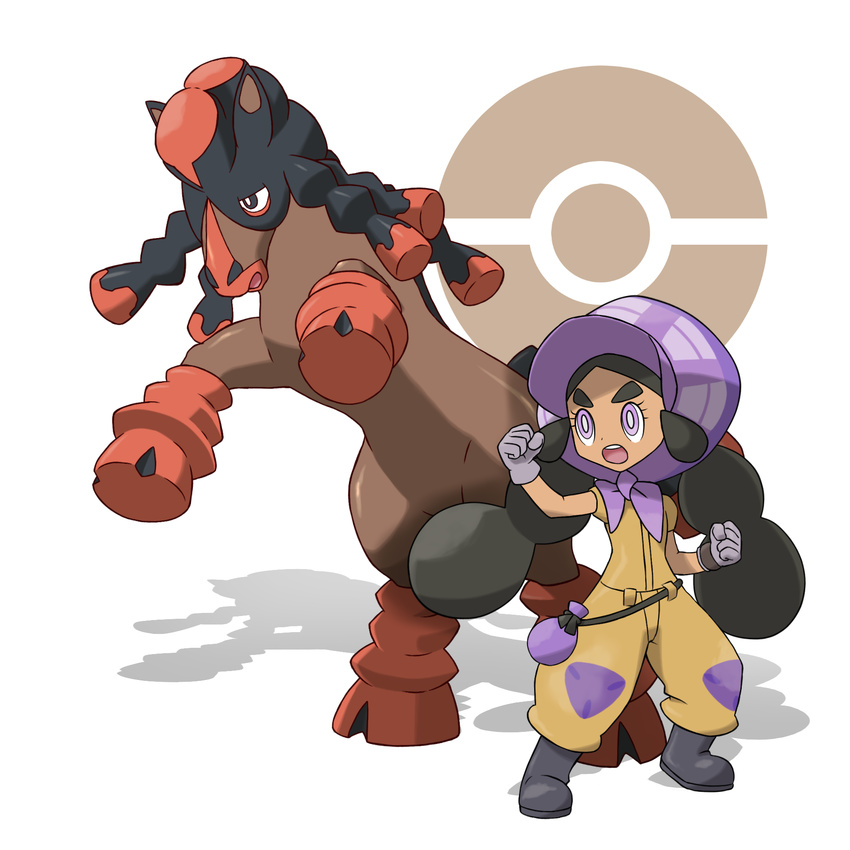 :o bag belt black_belt black_footwear black_hair bonnet boots bright_pupils clenched_hands dark_skin eyelashes flat_chest gen_7_pokemon gloves hapu'u_(pokemon) highres hooves horse island_kahuna jumpsuit long_hair looking_away looking_to_the_side mudsdale official_style open_mouth poke_ball pokemon pokemon_(creature) pokemon_(game) pokemon_sm puffy_short_sleeves puffy_sleeves purple_eyes purple_gloves shadow short_sleeves sidelocks standing tareme teeth teru_zeta thick_eyebrows tongue twintails v-shaped_eyebrows