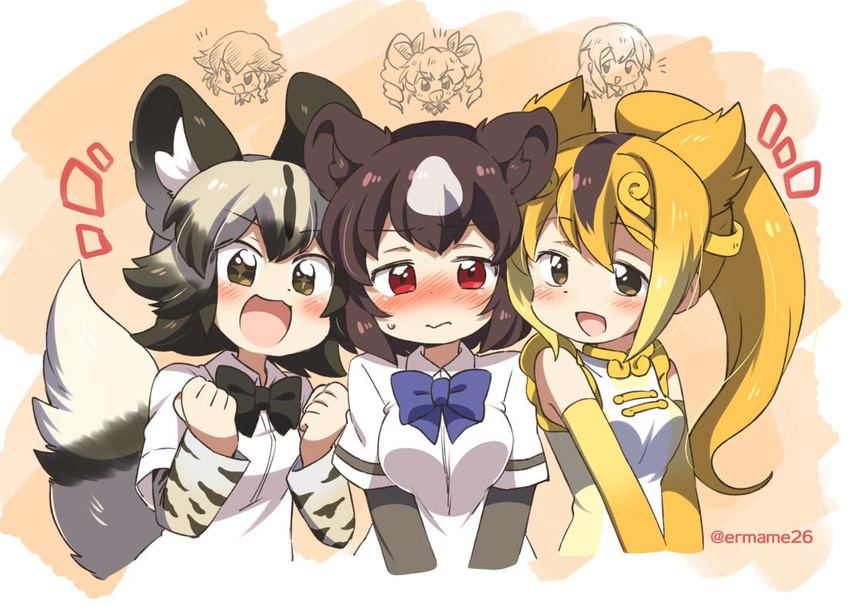 :3 :d african_wild_dog_(kemono_friends) anchovy animal_ears bear_ears bear_girl blush bow bowtie brown_bear_(kemono_friends) carpaccio circlet commentary dog_ears dog_tail elbow_gloves eromame girls_und_panzer gloves golden_snub-nosed_monkey_(kemono_friends) high_ponytail kemono_friends monkey_ears multicolored_hair multiple_girls nose_blush open_mouth pepperoni_(girls_und_panzer) ponytail short_hair smile tail