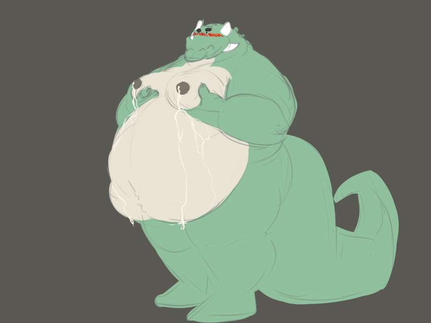 alligator belly belly_overhang big_belly big_nipples blush crocodile crocodilian excessive_lactation galvinwolf lactating male moobs morbidly_obese nipples obese overweight reptile scalie thick_tail