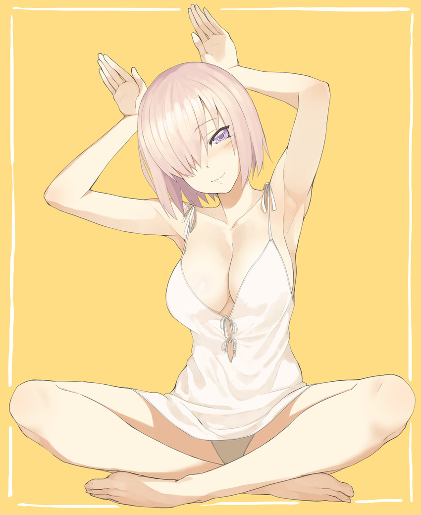 armpits arms_up bare_legs barefoot breasts bunny_pose cleavage collarbone dress fate/grand_order fate_(series) hair_over_one_eye highres indian_style large_breasts mash_kyrielight panties pantyshot pantyshot_(sitting) pink_hair purple_eyes short_dress simple_background sitting smile solo throtem underwear white_dress white_panties yellow_background