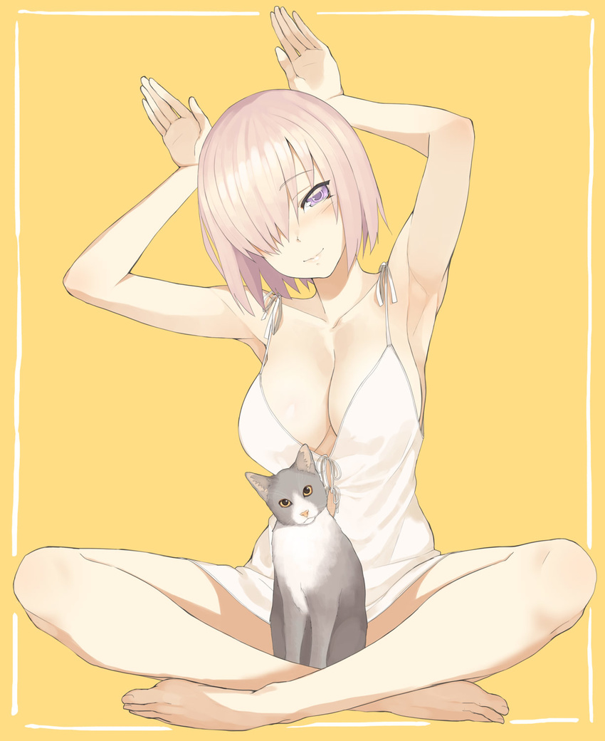 armpits arms_up bangs bare_legs barefoot blush breasts bunny_pose cat cleavage collarbone dress fate/grand_order fate_(series) hair_over_one_eye highres indian_style large_breasts looking_at_viewer mash_kyrielight panties pantyshot pantyshot_(sitting) pink_hair purple_eyes short_dress simple_background sitting smile throtem underwear white_dress white_panties yellow_background
