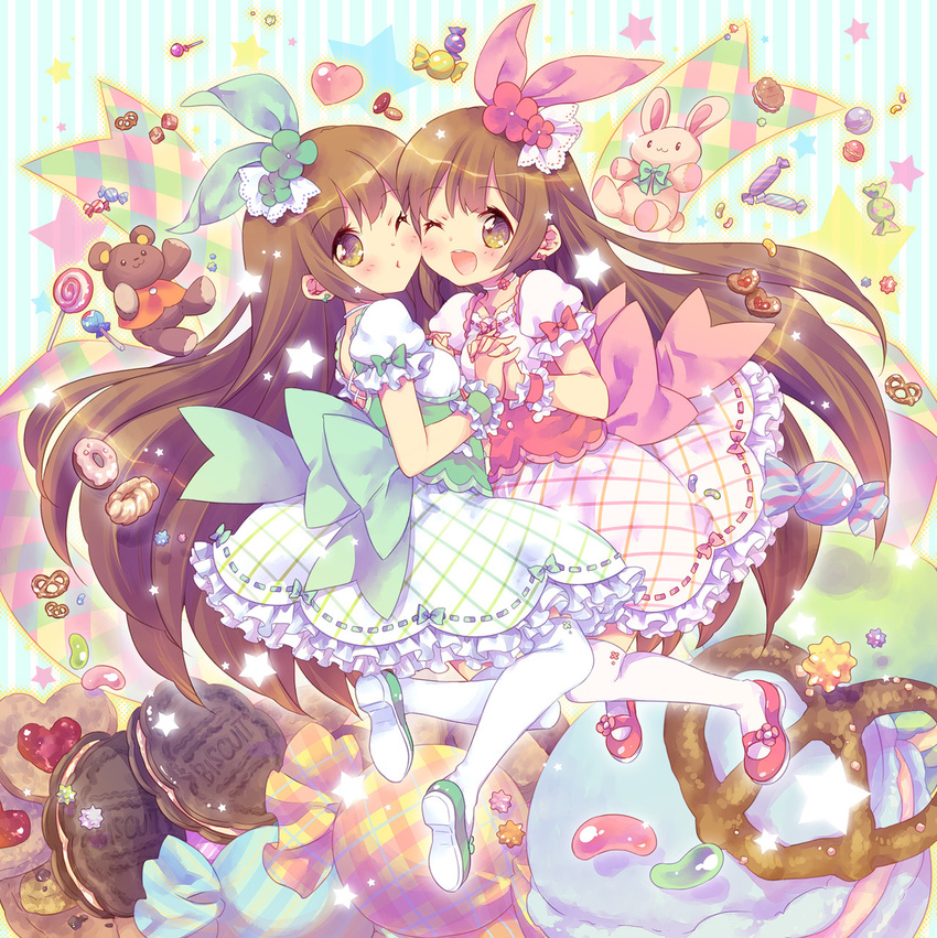 ;d album_cover bangs bow brown_hair candy cheek-to-cheek choker commentary_request cover doughnut dress dual_persona earrings ech flower food hair_flower hair_ornament hair_ribbon heart highres holding_hands interlocked_fingers jelly_bean jewelry lollipop long_hair looking_at_viewer mary_janes multiple_girls nanahira one_eye_closed open_mouth oreo original over-kneehighs pretzel puffy_short_sleeves puffy_sleeves ribbon sash shoes short_sleeves smile star striped striped_background stuffed_animal stuffed_bunny stuffed_toy teddy_bear thighhighs vertical-striped_background vertical_stripes very_long_hair white_legwear