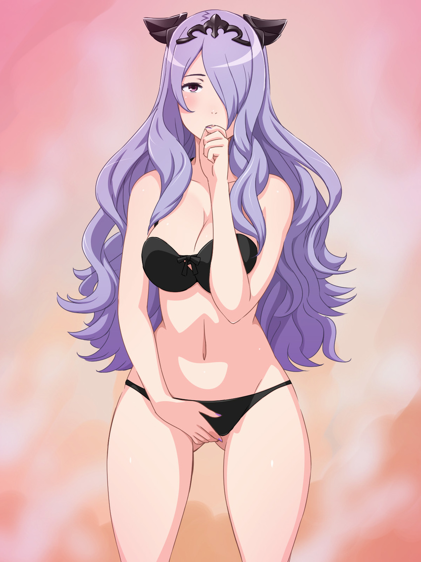 1girl bare_arms bare_legs bare_shoulders bikini black_bikini blush breasts camilla_(fire_emblem_if) cleavage cowboy_shot finger_to_mouth fire_emblem fire_emblem_if hair_over_one_eye highres large_breasts legs long_hair looking_at_viewer navel purple_eyes purple_hair simple_background solo standing swimsuit thighs yuki_(12cut)