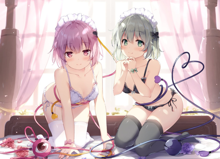 2girls all_fours arm_support bangs bare_arms bare_shoulders black_bra black_legwear black_panties blue_flower blue_rose blurry blush bow bow_bra bow_panties bra breasts commentary_request curtains depth_of_field eyebrows_visible_through_hair flower green_bow green_eyes greyscale hair_between_eyes hands_up heart heart_of_string indoors kneeling komeiji_koishi komeiji_satori looking_at_viewer medium_breasts miyase_mahiro monochrome multiple_girls no_shoes on_bed own_hands_together panties pink_bow pink_eyes pink_flower pink_hair pink_rose rose short_hair siblings side-tie_panties sisters third_eye touhou underwear underwear_only white_bra white_legwear white_panties window wrist_bow