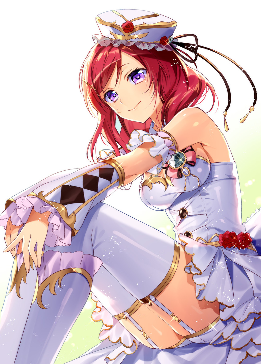 blush breasts commentary_request detached_sleeves dress flower garter_straps hat highres looking_at_viewer love_live! love_live!_school_idol_project md5_mismatch medium_breasts murakami_yuichi nishikino_maki purple_eyes red_hair rose short_hair sideboob smile solo thighhighs white_dress white_legwear