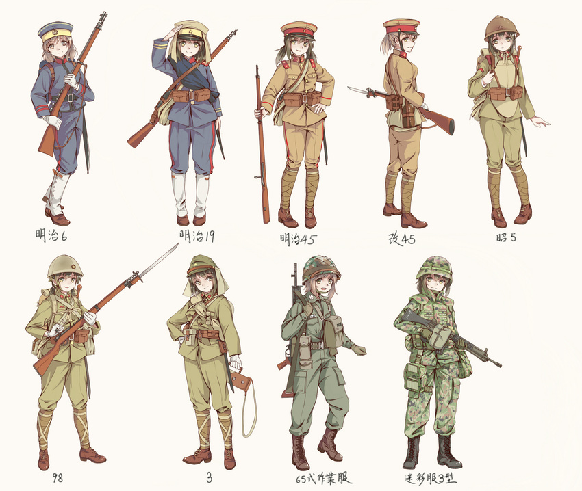 ankle_boots ankle_wrap arisaka assault_rifle battle_rifle bayonet black_hair bolt_action boots brown_eyes brown_hair camouflage combat_boots commentary contrapposto flak_jacket full_body gaiters gloves green_eyes gun hand_on_hip hat helmet highres howa_type_64 howa_type_89 imperial_japanese_army japan japan_ground_self-defense_force japan_self-defense_force load_bearing_equipment long_hair longmei_er_de_tuzi looking_at_viewer md5_mismatch military military_hat military_uniform multiple_girls number original peaked_cap pouch revision rifle short_ponytail sling smile soldier standing timeline translated twintails uniform weapon white_gloves world_war_ii