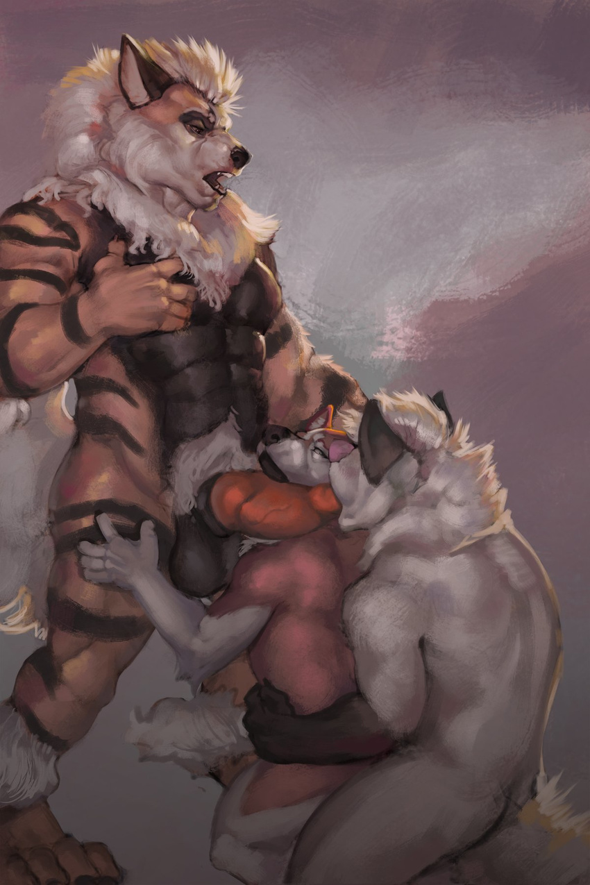 2017 4_toes abs anthro arcanine arm_tuft balls bella_(gasaraki2007) belly big_tail bisexual bisexual_sandwich black_eyes black_nose black_skin black_stripes canine claws dog erection eye_contact eyrich female front_view fur fur_tuft grey_background grey_skin grope group group_sex hair hand_on_chest hand_on_leg hand_on_thigh husky jace_(gasaraki2007) jericho kneeling knot leg_tuft licking looking_at_another looking_at_partner looking_down looking_pleasured looking_up male male/female male/male mammal multicolored_skin muscular muscular_male nintendo nude open_mouth oral orange_skin pec_grasp pecs penis penis_lick pink_nose pok&eacute;mon pose pubes red_skin sandwich_position sex simple_background stripes teeth thick_tail threesome toes tongue tongue_out tuft vein veiny_penis video_games white_hair white_skin white_tail wolf