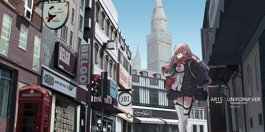 artist_name bag bespectacled blue_eyes character_name city gh_(chen_ghh) girls_frontline glasses hands_in_pockets highres holster jacket lamppost long_hair pink_hair road scarf school_uniform skirt st_ar-15_(girls_frontline) street thigh_holster thigh_strap thighhighs white_legwear