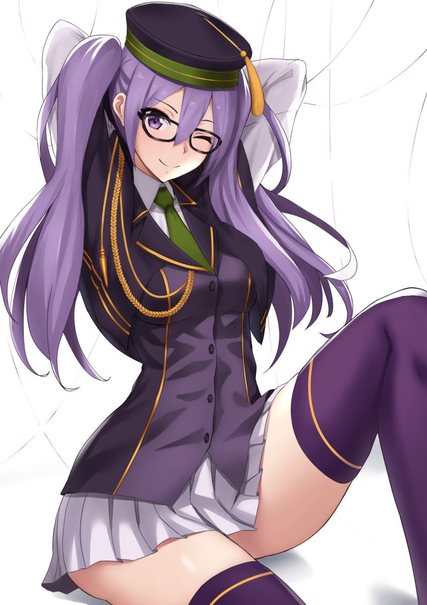 aiguillette akatsuki_ikki arms_behind_head arms_up bangs breasts buttons capelet closed_mouth commentary_request dress_shirt fate/grand_order fate_(series) glasses green_neckwear hair_between_eyes hat highres hips knee_up long_hair long_sleeves looking_at_viewer necktie one_eye_closed pleated_skirt purple_eyes purple_hair purple_legwear purple_vest shirt sion_eltnam_atlasia sitting skirt smile solo tassel thighhighs thighs twintails vest white_background white_skirt