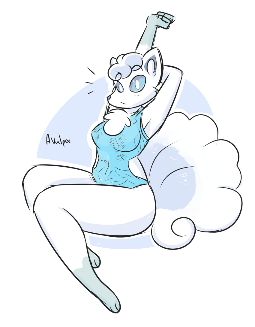alolan_vulpix anthro arms_above_head blue_sclera chest_tuft clothed clothing female fur inner_ear_fluff kilinah looking_at_viewer nintendo pok&eacute;mon regional_variant solo surprise swimsuit tuft video_games white_fur