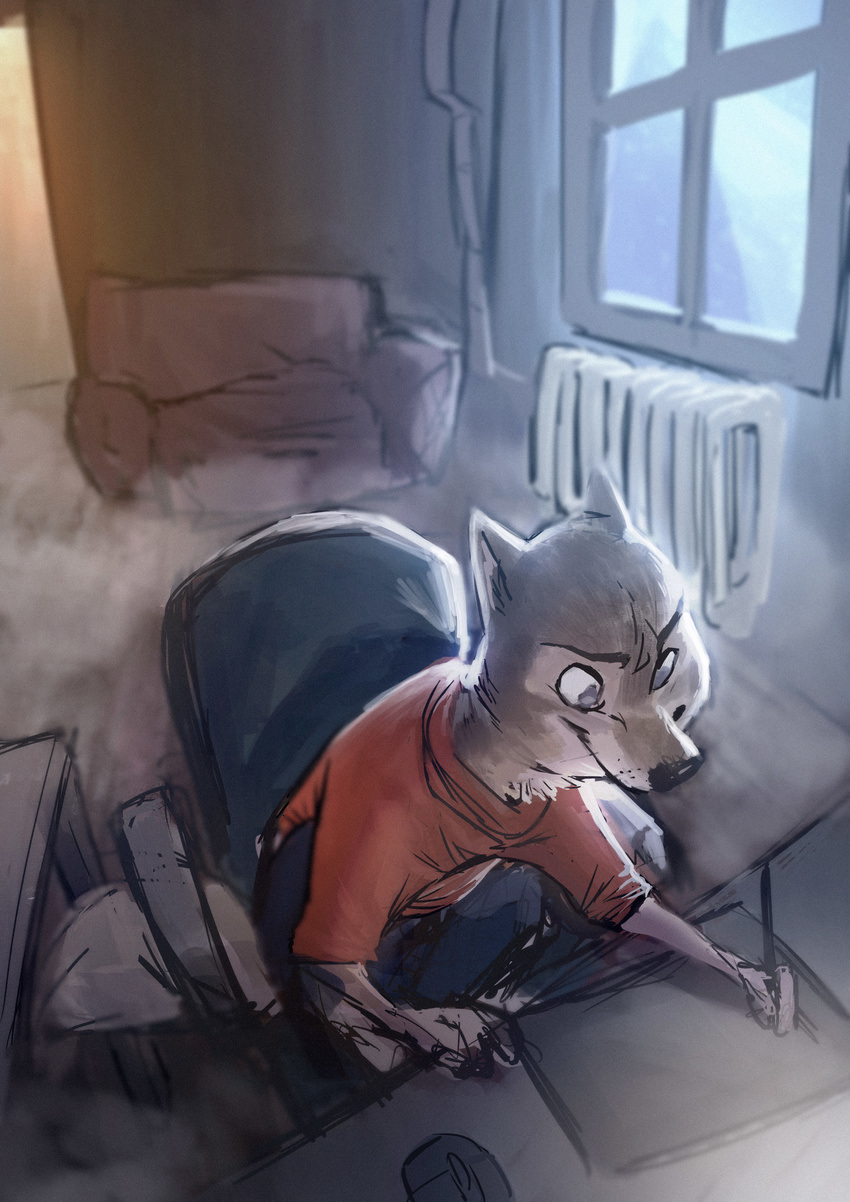 2017 anthro artist canine chair clothed clothing computer_mouse creating_art disney fan_character inside mammal monoflax office_chair radiator sitting sofa stylus window wolf zootopia