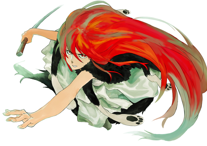 clenched_teeth highres long_hair machi_(wm) pelt reaching red_eyes red_hair robe sarashi shut_hell shut_hell_(character) simple_background solo sword teeth weapon white_background wolf_pelt