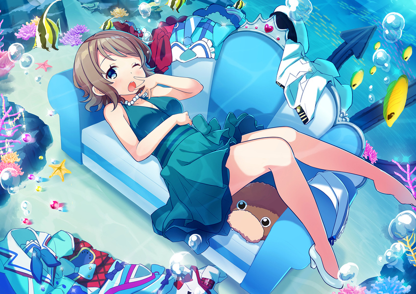 ;o anchor angelfish aozora_jumping_heart aqua_dress bare_legs blue_eyes brown_hair bubble commentary_request coral couch dress flower grey_hair hair_flower hair_ornament hat hat_removed headwear_removed high_heels highres jewelry kimi_no_kokoro_wa_kagayaiteru_kai? looking_at_viewer love_live! love_live!_school_idol_festival love_live!_sunshine!! lying mijuku_dreamer military military_uniform naval_uniform necklace on_back one_eye_closed peaked_cap pearl_necklace robin16 sash shirt_removed short_hair sleeveless sleeveless_dress solo starfish uchicchii underwater uniform watanabe_you yawning