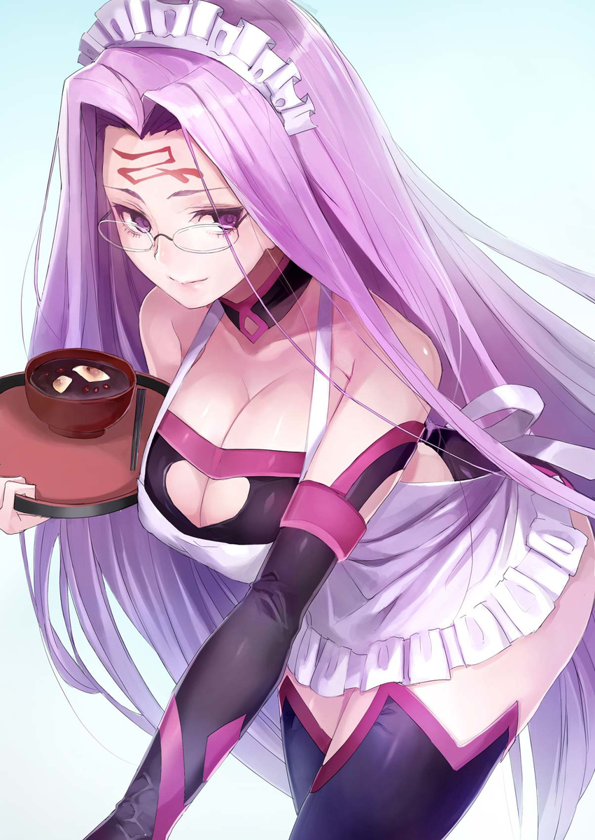alternate_costume apron bowl breasts cleavage cleavage_cutout detached_collar detached_sleeves enmaided facial_mark fate/stay_night fate_(series) food forehead_mark glasses highres large_breasts leaning_forward long_hair maid maid_apron maid_headdress mochi purple_hair rider rimless_eyewear shiruko_(food) solo taishi_(picchiridou) tray very_long_hair wagashi
