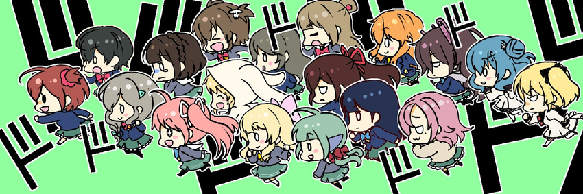 &gt;_&lt; ahoge amano_nozomi animal_hood asahina_kokomi battle_girl_high_school blonde_hair bow brown_hair chibi closed_eyes fujimiya_sakura green_hair hair_ornament hasumi_urara himukai_yuri hood hoshitsuki_miki jin_kansai kougami_kanon kunieda_shiho kusunoki_asuha long_hair minami_hinata multiple_girls narumi_haruka orange_hair sadone school_uniform sendouin_kaede serizawa_renge short_hair smile tokiwa_kurumi tsubuzaki_anko wakaba_subaru watagi_michelle