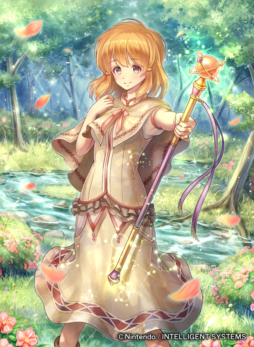 bangs bow bowtie brown_eyes brown_hair capelet company_connection copyright_name day dress eyebrows_visible_through_hair fire_emblem fire_emblem:_seisen_no_keifu fire_emblem_cipher flower forest hand_on_own_chest highres holding holding_staff lake lana_(fire_emblem) looking_at_viewer naka_(2133455) nature official_art outdoors petals short_hair short_sleeves smile solo sparkle staff