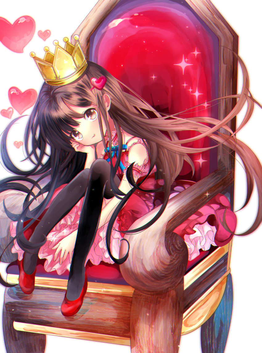 1girl absurdres arm_support armchair bare_shoulders black_legwear blue_bow blush bow brown_eyes brown_hair chair chromatic_aberration closed_mouth crown dress fingernails fuyusuke_(hz+) hair_ornament hairclip hand_up head_tilt heart heart_hair_ornament highres long_hair original red_dress red_footwear shoes simple_background sitting sleeveless sleeveless_dress solo sparkle thighhighs tongue tongue_out very_long_hair white_background