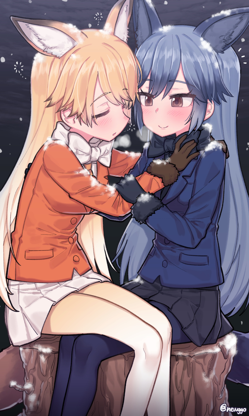 2girls absurdres animal_ears black_bow black_gloves black_legwear black_neckwear black_skirt blazer blonde_hair blue_jacket blush bow bowtie breasts breath brown_eyes brown_gloves brown_hair buttons closed_eyes cold extra_ears eyebrows eyebrows_visible_through_hair eyelashes ezo_red_fox_(kemono_friends) facing_another fox_ears fox_tail funako_(newggo) fur-trimmed_sleeves fur_trim gloves gradient_hair gradient_legwear grey_hair hair_between_eyes hand_on_another's_arm hand_on_another's_back hand_on_another's_chest hand_on_another's_shoulder highres hug jacket kemono_friends long_hair long_sleeves looking_at_another looking_to_the_side medium_breasts multicolored multicolored_clothes multicolored_hair multicolored_legwear multiple_girls necktie orange_jacket outdoors pantyhose pleated_skirt pocket silver_fox_(kemono_friends) sitting sitting_on_lap sitting_on_person sitting_on_tree_stump skirt sleeping smile snow snowing tail tree_stump tsurime twitter_username two-tone_hair two-tone_legwear very_long_hair white_bow white_legwear white_neckwear white_skirt yellow_legwear yellow_neckwear yuri