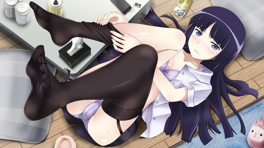 bangs bare_shoulders black_hair black_legwear blush bra breasts closed_mouth collarbone drink edogawakid feet garter_belt gokou_ruri highres long_hair looking_at_viewer lying mole mole_under_eye no_shoes open_clothes open_shirt ore_no_imouto_ga_konna_ni_kawaii_wake_ga_nai panties phone purple_eyes removing_legwear shirt short_sleeves small_breasts solo underwear undressing watermark wet white_shirt