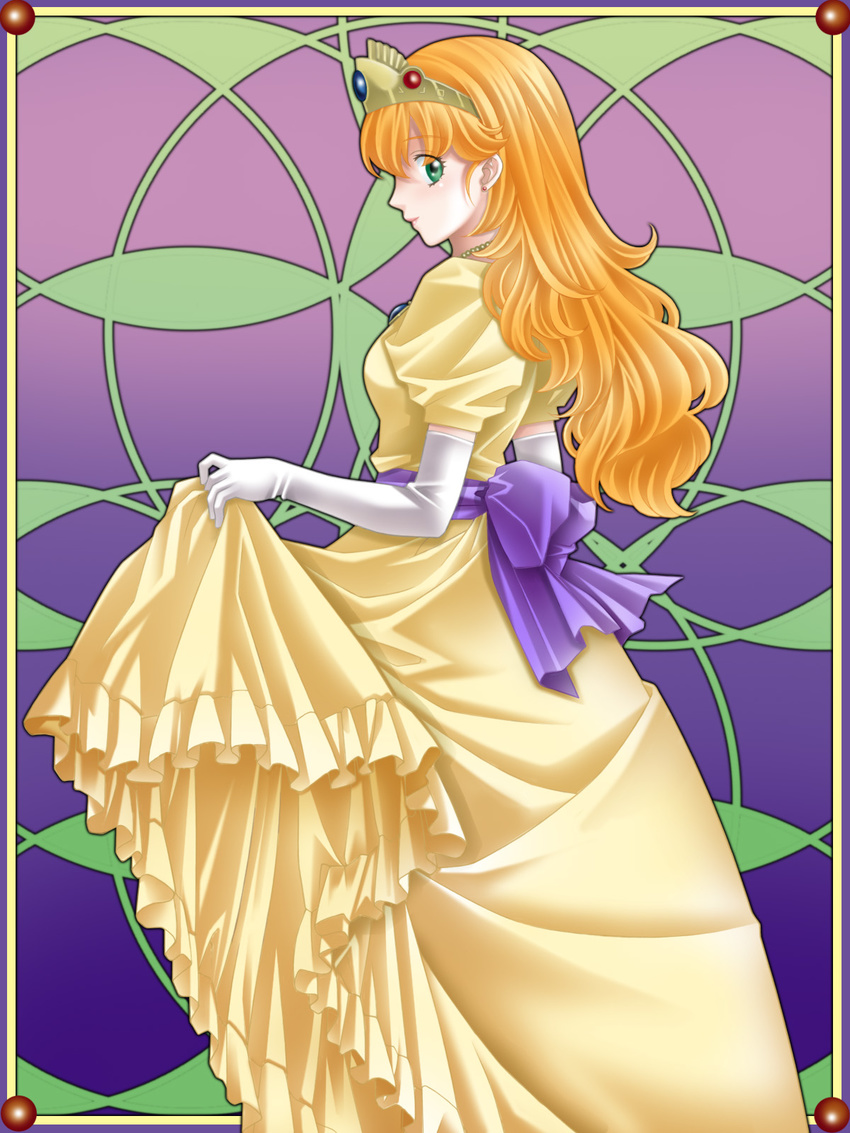 breasts dragon_quest dragon_quest_i dress elbow_gloves gloves highres jewelry long_hair medium_breasts orange_hair princess princess_laura smile solo tamamon tiara