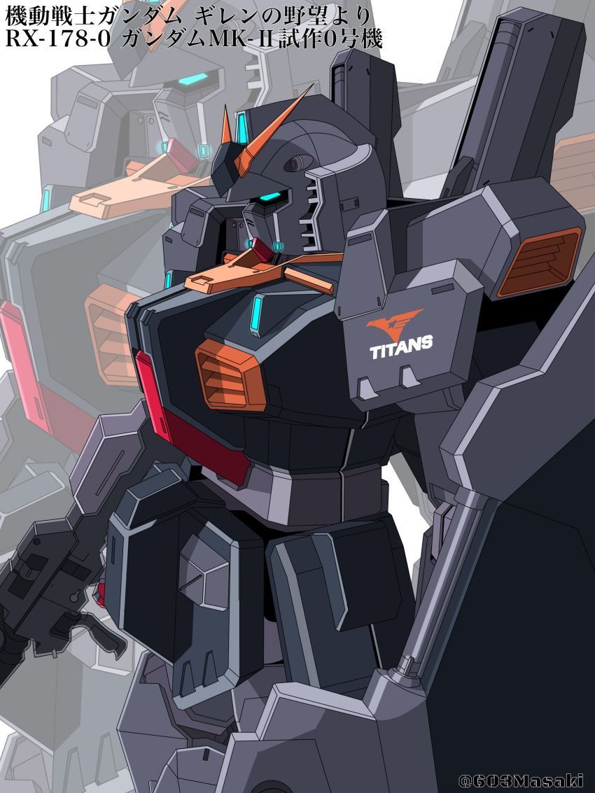 absurdres advance_of_zeta beam_rifle blue_eyes character_name commentary_request energy_gun glowing glowing_eyes gundam gundam_mk_ii highres machinery mecha mecha_focus mobile_suit no_humans robot roundel science_fiction shield signature titans_(gundam) translation_request user_vxst7775 v-fin weapon zeta_gundam