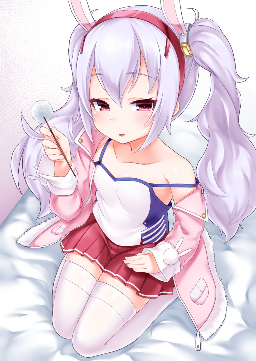 1girl animal_ears azur_lane bangs bed_sheet blush breasts bunny_ears camisole collarbone eyebrows_visible_through_hair fingernails fur-trimmed_jacket fur_trim grey_hair hair_between_eyes hair_ornament hairband heart highres holding jacket kirisame_mia laffey_(azur_lane) long_sleeves looking_at_viewer mimikaki open_clothes open_jacket parted_lips pink_jacket pleated_skirt red_eyes red_hairband red_skirt seiza sitting skirt sleeves_past_wrists small_breasts smile solo strap_slip thighhighs twintails white_camisole white_legwear