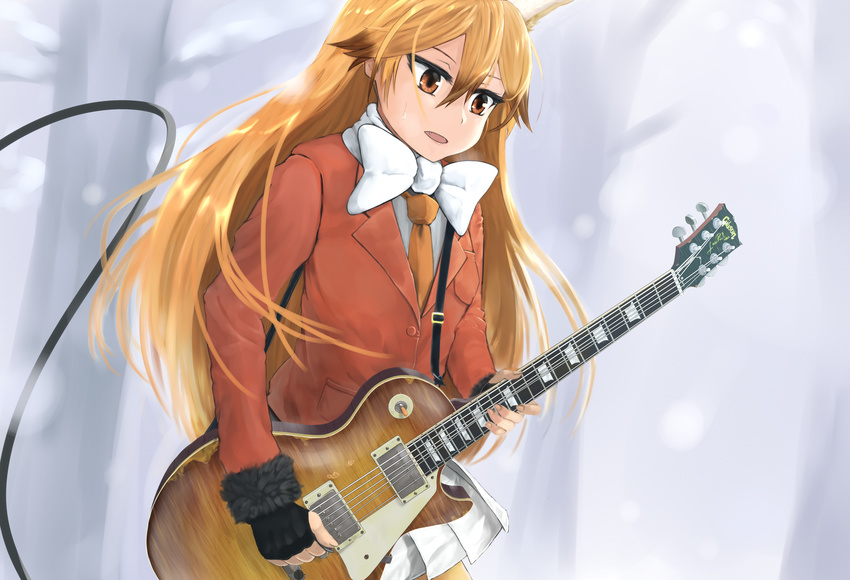 absurdres animal_ears bad_id bad_pixiv_id black_gloves blazer blonde_hair bow bowtie brown_eyes brown_hair ezo_red_fox_(kemono_friends) fang fingerless_gloves fox_ears fur_trim gloves guitar hair_between_eyes highres holding holding_instrument instrument jacket kemono_friends les_paul long_hair long_sleeves miyako_(miyako_lplover) multicolored_hair music necktie orange_neckwear parted_lips playing_instrument pleated_skirt plectrum skirt snow solo sweatdrop two-tone_hair white_bow white_neckwear white_skirt wire