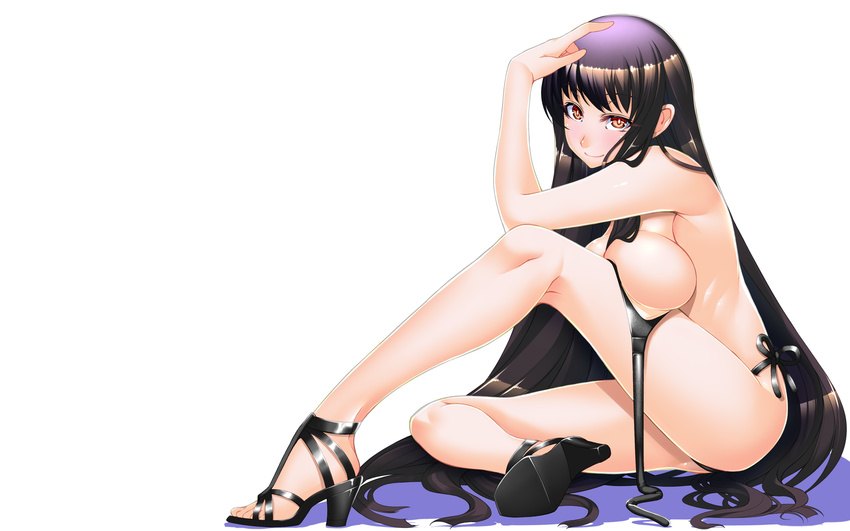 1girl armpits atlach-nacha bare_arms bare_legs bare_shoulders bikini black_hair blush breast_press breasts doomblade eyebrows eyebrows_visible_through_hair feet full_body high_heels highres hirasaka_hatsune large_breasts legs long_hair looking_at_viewer red_eyes shadow shiny shiny_hair simple_background sitting smile solo thighs toes white_background