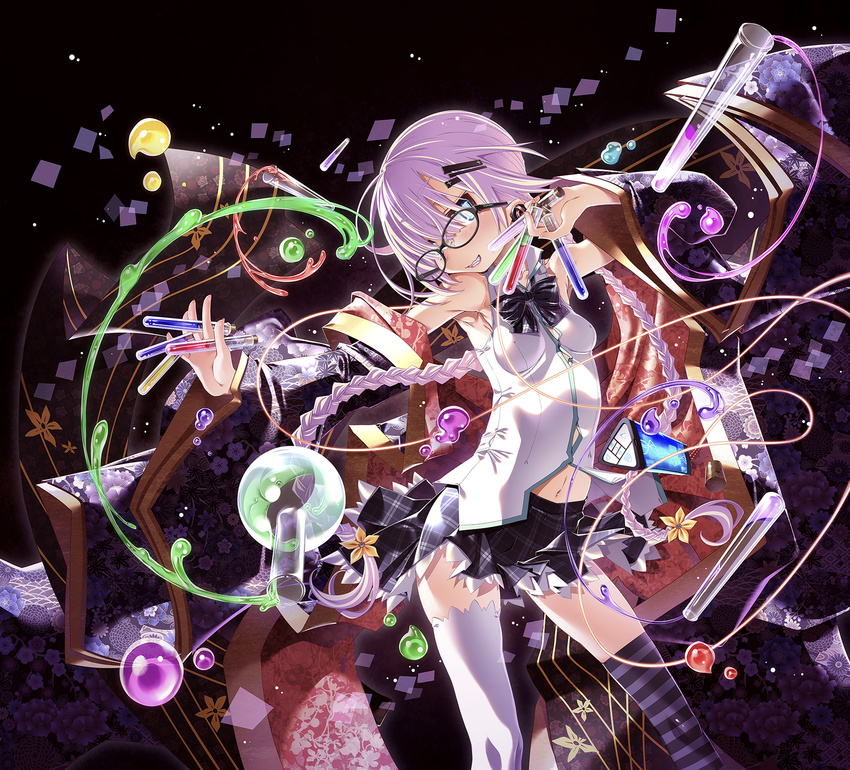 bare_shoulders blue_eyes breasts digital_media_player earphones glasses hair_ornament hair_over_one_eye hairclip highres holding long_hair mismatched_legwear navel original pink_hair sakuya_tsuitachi small_breasts solo test_tube thighhighs